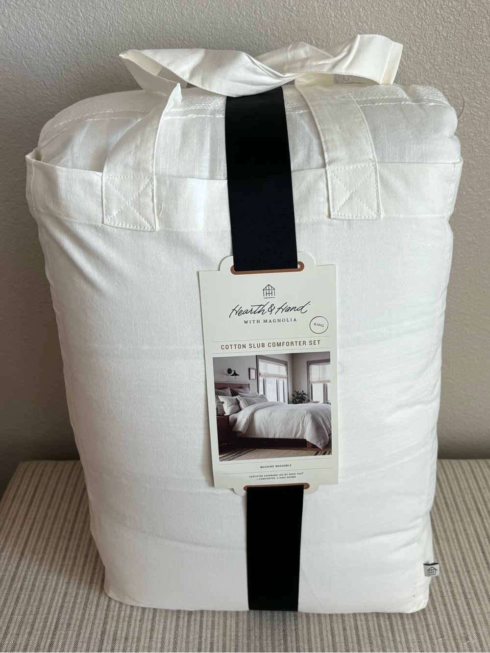 NWT 3pc King Slub Center Stripe Comforter Set Sour Cream - Hearth & Hand